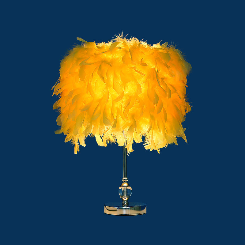 Feather Drum Night Lamp: Simple & Elegant 1-Light Bedroom Table Lighting In Pink/Red/Yellow With