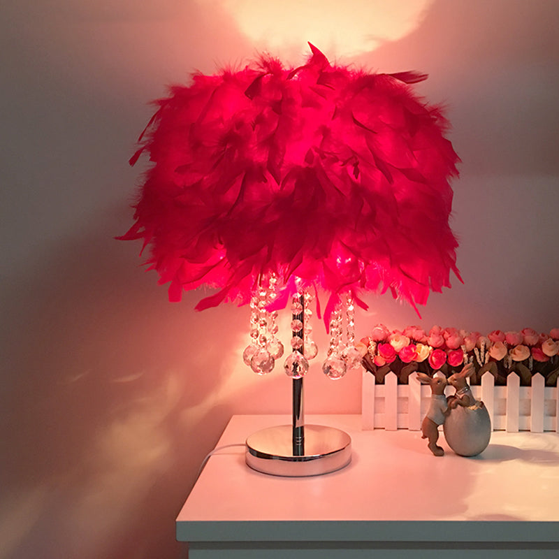 Contemporary Feather Round Night Stand Lamp With Crystal Drop And White/Chrome Base -
