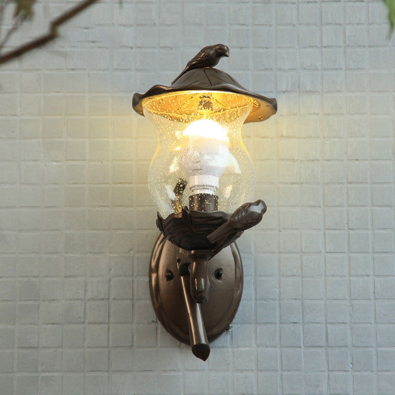 Rustic Black Gourd Shaped Garden Wall Lamp - 1-Light Seedy Glass Lantern Sconce With Charming Bird