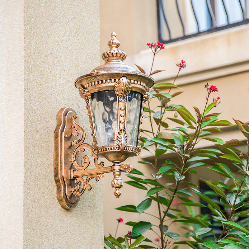 Retro Black/Brass Tapered Sconce Light With Dimpled Glass - Wall Mounted Patio Lamp (1 Head