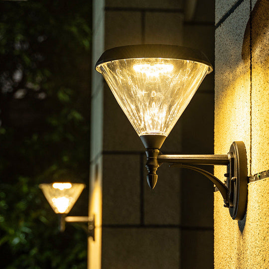 Minimalist Solar Led Wall Lamp In Black - Acrylic Conical Fixture For Porch Mount