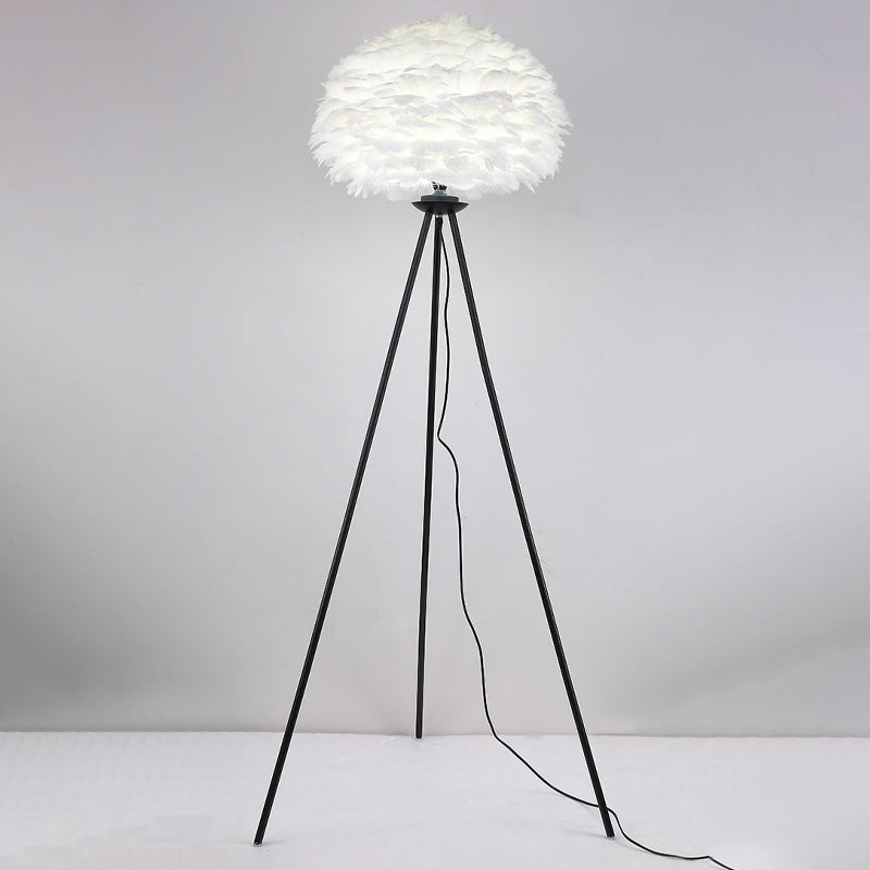 Dome Feather Floor Lamp - Minimalist Single Grey/White/Pink Light With Tripod For Bedroom