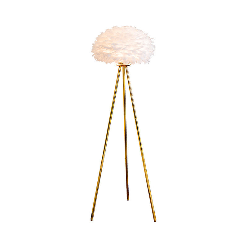 Dome Feather Floor Lamp - Minimalist Single Grey/White/Pink Light With Tripod For Bedroom