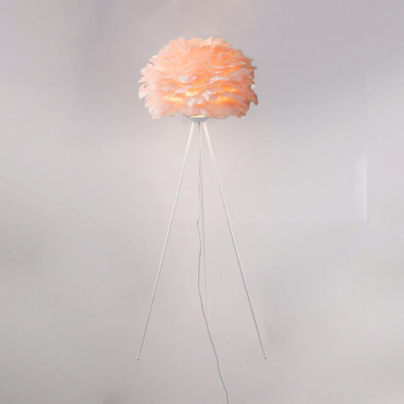 Dome Feather Floor Lamp - Minimalist Single Grey/White/Pink Light With Tripod For Bedroom