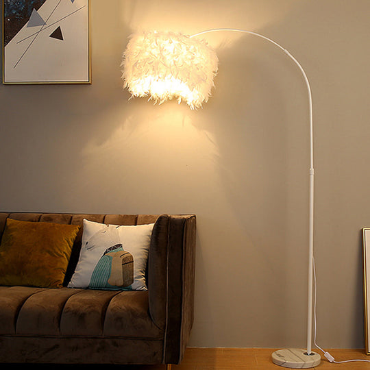 Feather Drum Floor Reading Light - Simple And Modern 1-Light White Gooseneck Lamp With Optional