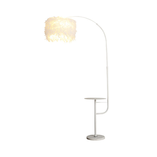 Nordic Feather Standing Lamp: Drum-Shaped 1-Bulb Gooseneck Floor Light Black/White - With/Without