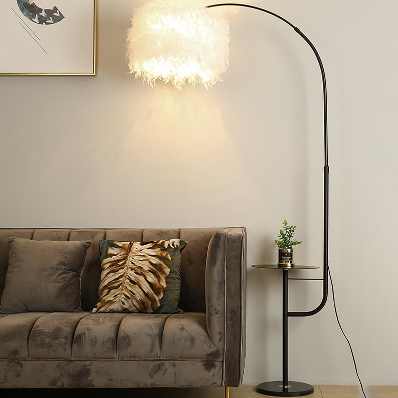 Nordic Feather Standing Lamp: Drum-Shaped 1-Bulb Gooseneck Floor Light Black/White - With/Without