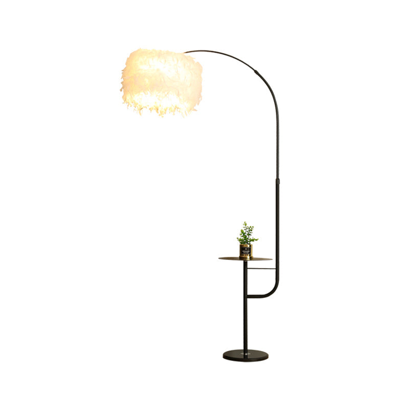 Nordic Feather Standing Lamp: Drum-Shaped 1-Bulb Gooseneck Floor Light Black/White - With/Without