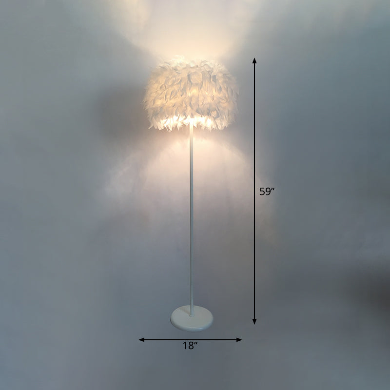 Modern Feather Drum Standing Floor Light: 16/18 W 1-Head White Lamp With Or Without Draping Crystal