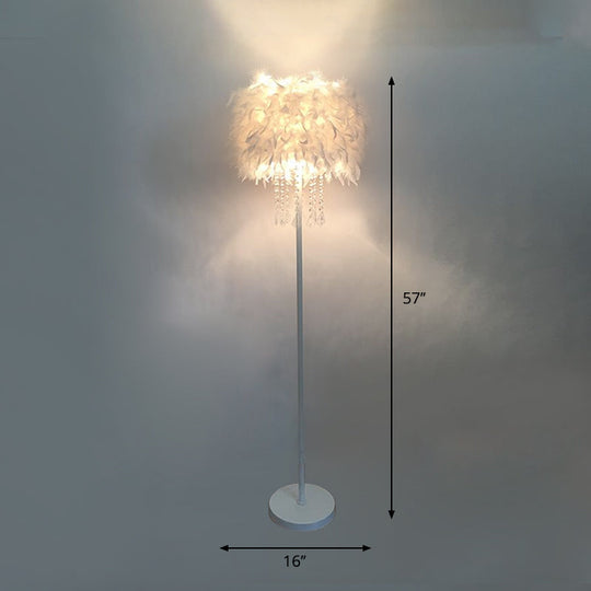 Modern Feather Drum Standing Floor Light: 16/18 W 1-Head White Lamp With Or Without Draping Crystal