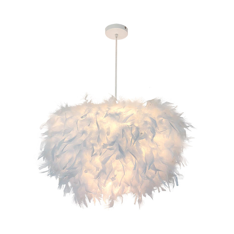 Nordische Feder-Pendelleuchte – handgefertigtes halbkugelförmiges Design, 1-flammiges weißes Hängeleuchten-Set (11"/15"/19,5" B)