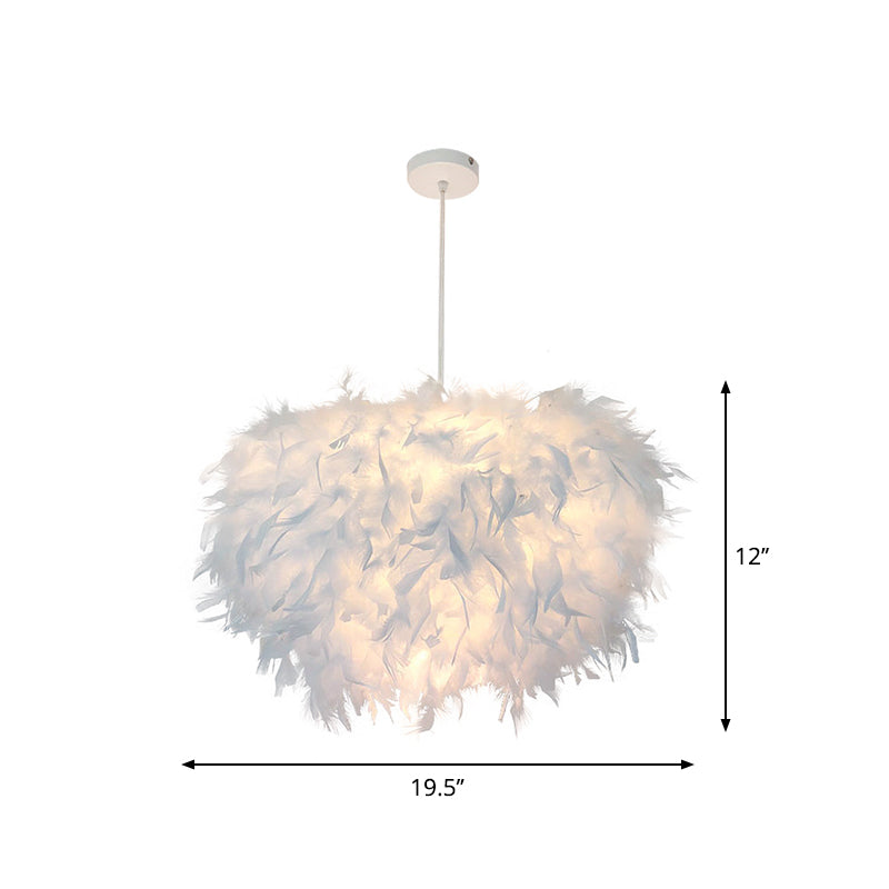 Nordische Feder-Pendelleuchte – handgefertigtes halbkugelförmiges Design, 1-flammiges weißes Hängeleuchten-Set (11"/15"/19,5" B)