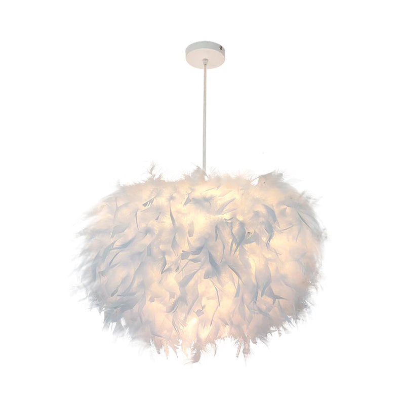 Nordische Feder-Pendelleuchte – handgefertigtes halbkugelförmiges Design, 1-flammiges weißes Hängeleuchten-Set (11"/15"/19,5" B)