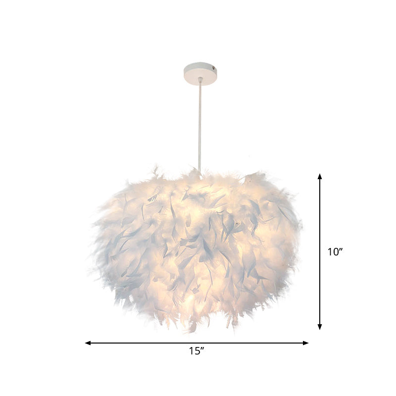 Nordische Feder-Pendelleuchte – handgefertigtes halbkugelförmiges Design, 1-flammiges weißes Hängeleuchten-Set (11"/15"/19,5" B)