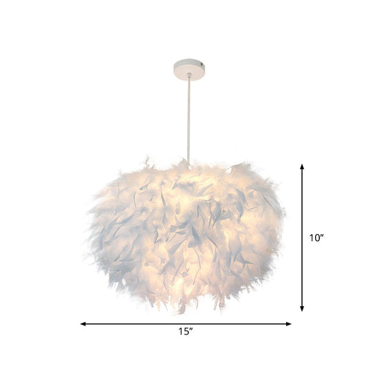 Nordische Feder-Pendelleuchte – handgefertigtes halbkugelförmiges Design, 1-flammiges weißes Hängeleuchten-Set (11"/15"/19,5" B)