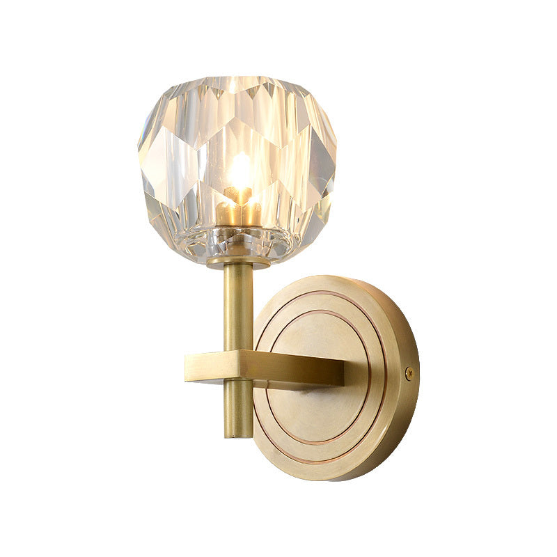 Postmodern Water Glass/Cut Crystal 1-Bulb Gold Wall Sconce Lamp - Cylinder/Ball Shape For Living