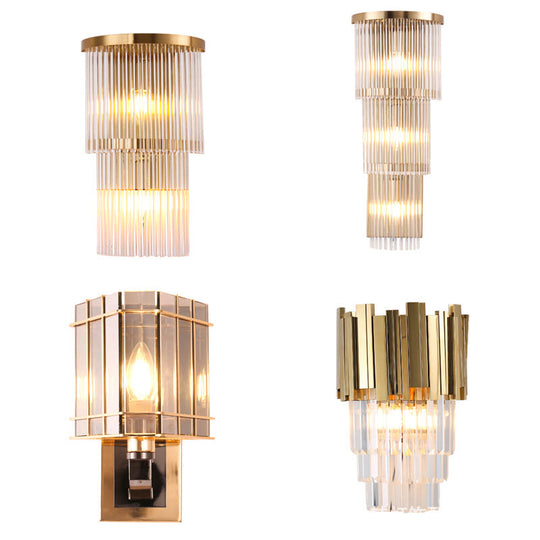 Gold Crystal Bedside Wall Sconce With 2/3 Tiers And 1/3 Light - Postmodern Triangle Design