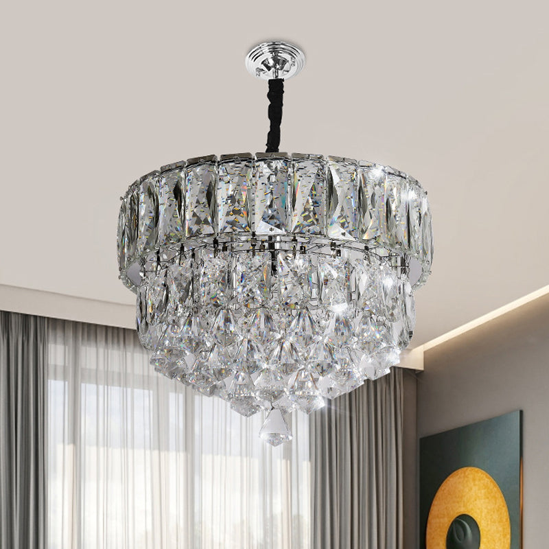 Modern Stainless Steel Crystal Led Pendant Light - Beveled Cut Round/Square Tiers