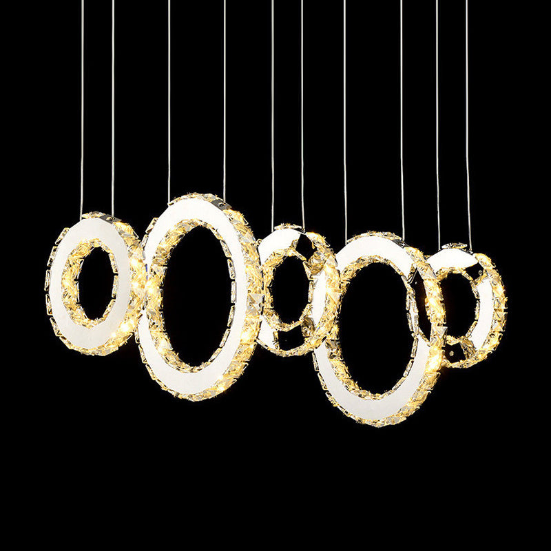 Modern Silver Circular Pendant With K9 Crystal 3/5 Lights For Dining Room Cluster