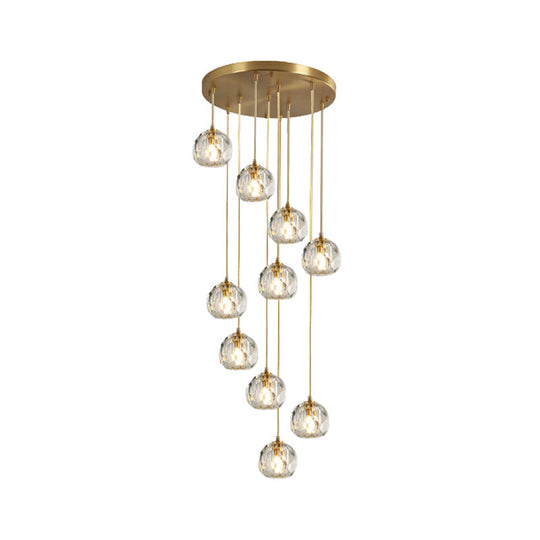 Stylish Modern Brass Ceiling Hang Light With Faceted K9 Crystal Cluster Ball Pendant For Living