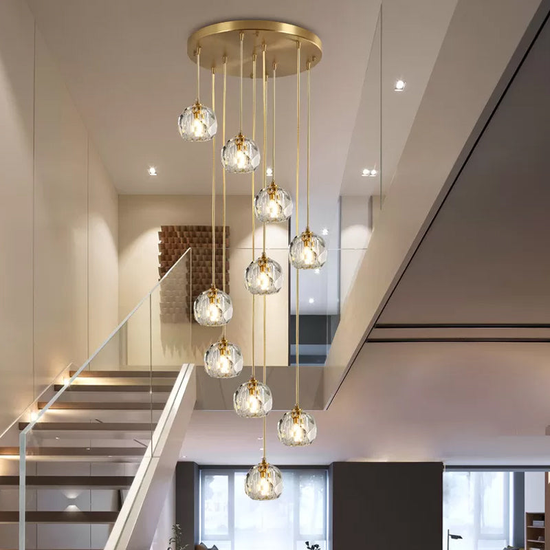 Stylish Modern Brass Ceiling Hang Light With Faceted K9 Crystal Cluster Ball Pendant For Living Room