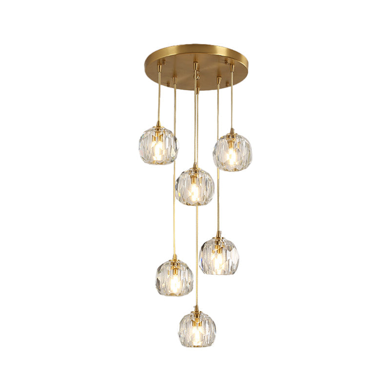 Stylish Modern Brass Ceiling Hang Light With Faceted K9 Crystal Cluster Ball Pendant For Living Room