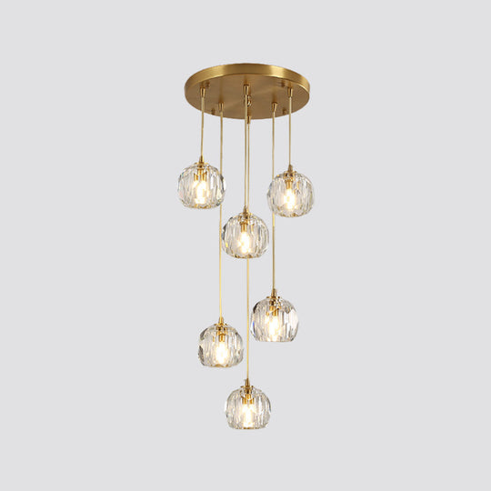 Stylish Modern Brass Ceiling Hang Light With Faceted K9 Crystal Cluster Ball Pendant For Living Room