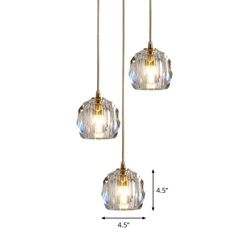 Stylish Modern Brass Ceiling Hang Light With Faceted K9 Crystal Cluster Ball Pendant For Living Room