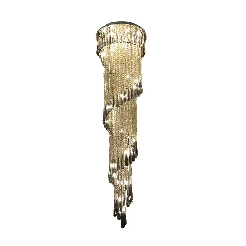 Sleek Led Spiral Ceiling Light With Crystal Draping For Living Room - Stainless Steel Pendant