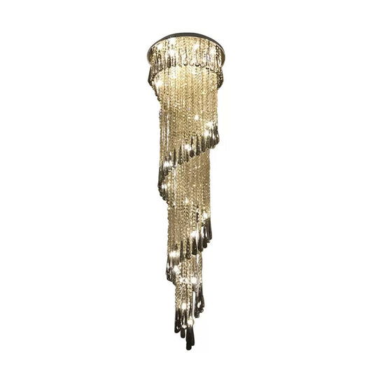 Sleek Led Spiral Ceiling Light With Crystal Draping For Living Room - Stainless Steel Pendant