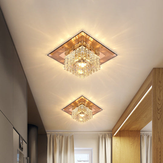 Beveled Crystal Led Flush Mount Ceiling Light Fixture - Simplicity Cubic Design For Corridors Tan /