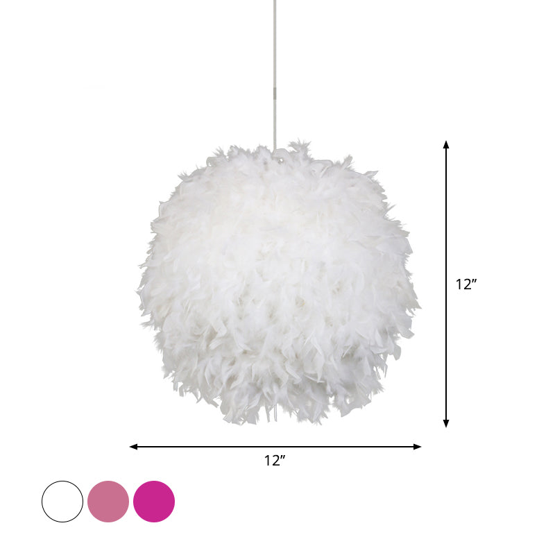 Modern Feather Pendant Light In White/Pink/Rose Red - 12/14/16 Wide Sphere Drop 1 Head For Bedroom
