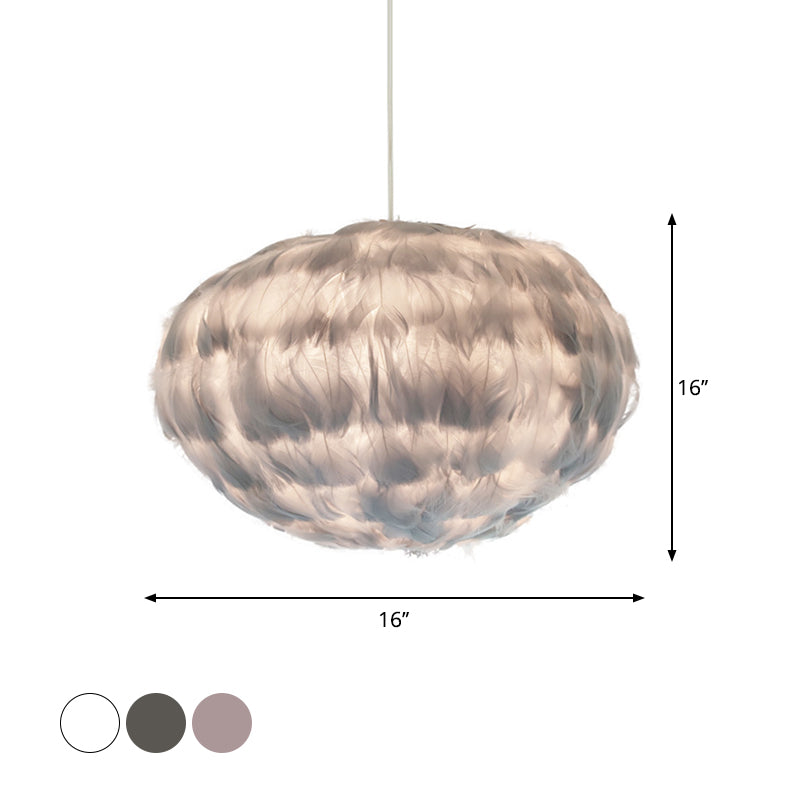 Globe Feather Suspension Lamp: Simple Style Hanging Pendant In Grey/White/Pink