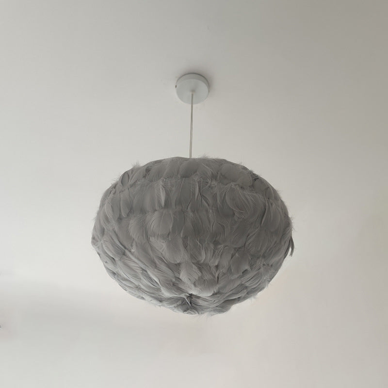 Feathered Globe Dining Room Pendant Lamp With 1 Bulb In Grey/White/Pink