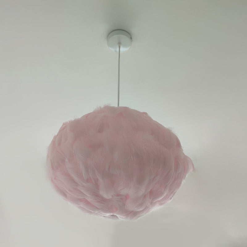 Feathered Globe Dining Room Pendant Lamp With 1 Bulb In Grey/White/Pink