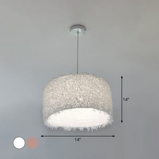 Nordic Pink/White Feathered Pendant Lamp - 1 Bulb Cylindrical/Drum Design 5.5’/8’/14’ Width