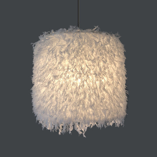 Nordic Pink/White Feathered Pendant Lamp - 1 Bulb Cylindrical/Drum Design 5.5’/8’/14’ Width