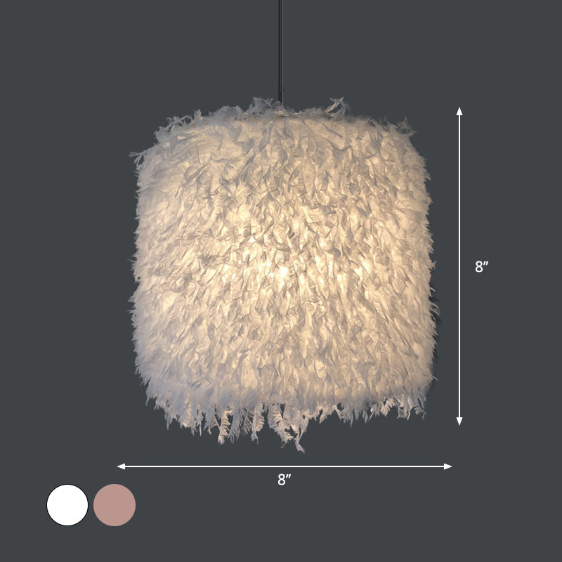 Nordic Pink/White Feathered Pendant Lamp - 1 Bulb Cylindrical/Drum Design 5.5’/8’/14’ Width