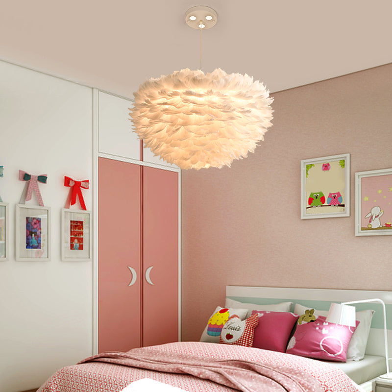 Nordic 5-Light Feather Drum Pendant Chandelier With Bird Deco - White 16’/23.5’/31.5’ Width