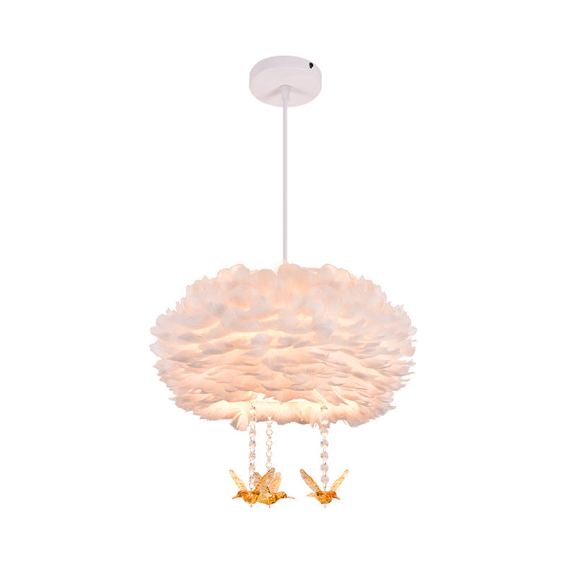 Nordic 5-Light Feather Drum Pendant Chandelier With Bird Deco - White 16’/23.5’/31.5’ Width