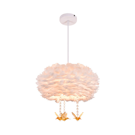 Nordic 5-Light Feather Drum Pendant Chandelier With Bird Deco - White 16’/23.5’/31.5’ Width