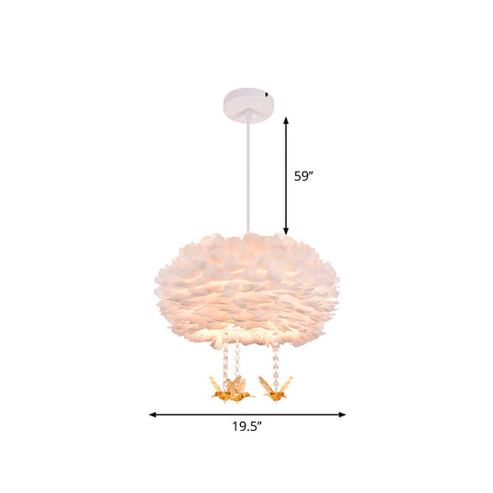 Nordic 5-Light Feather Drum Pendant Chandelier With Bird Deco - White 16’/23.5’/31.5’ Width