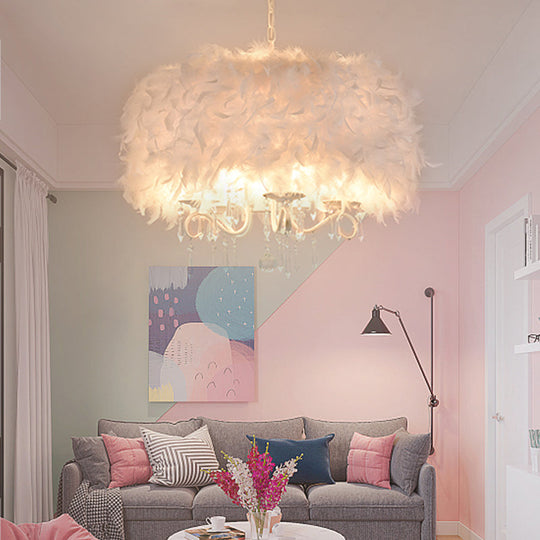 Modern Feather Hanging Light Fixture With Crystal Accent - White/Chrome Candelabra Chandelier (3/5