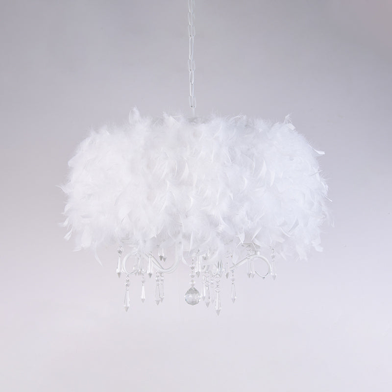 Modern Feather Hanging Light Fixture With Crystal Accent - White/Chrome Candelabra Chandelier (3/5