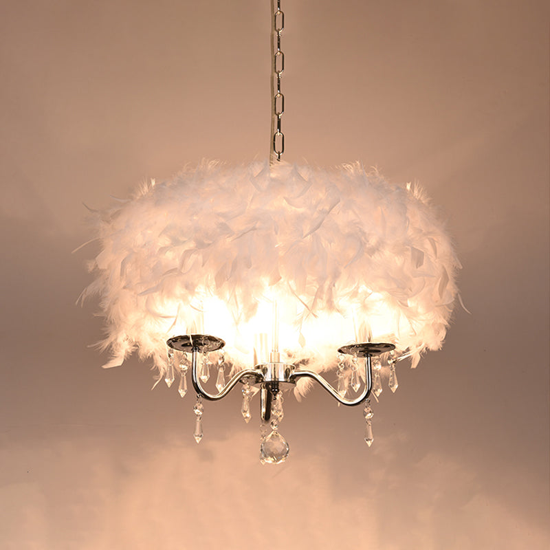 Modern Feather Hanging Light Fixture With Crystal Accent - White/Chrome Candelabra Chandelier (3/5