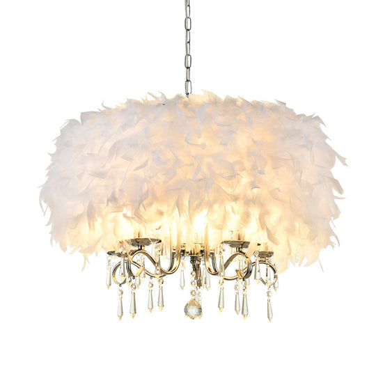 Modern Feather Hanging Light Fixture With Crystal Accent - White/Chrome Candelabra Chandelier (3/5