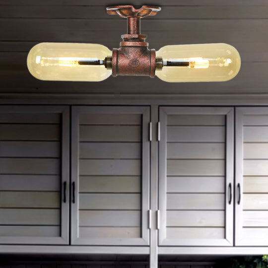 Rustic 2 - Bulb Kitchen Ceiling Light With Amber Glass Shade And Weathered Copper Pipe Design / B
