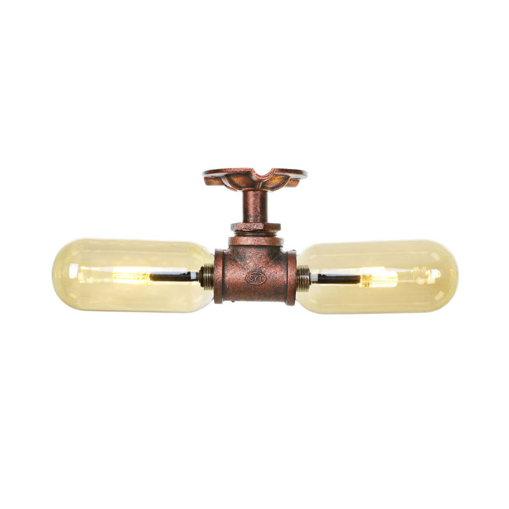 Rustic 2 - Bulb Kitchen Ceiling Light With Amber Glass Shade And Weathered Copper Pipe Design
