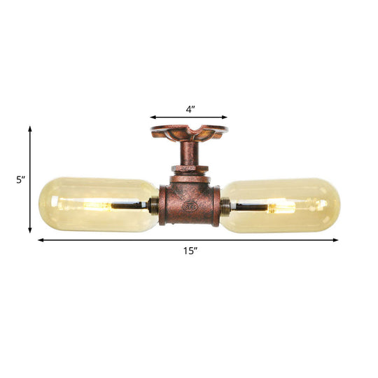 Rustic 2 - Bulb Kitchen Ceiling Light With Amber Glass Shade And Weathered Copper Pipe Design