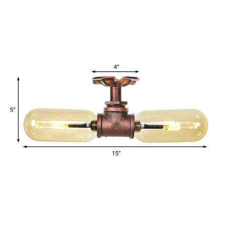 Rustic 2-Bulb Kitchen Ceiling Light With Amber Glass Shade And Weathered Copper Pipe Design